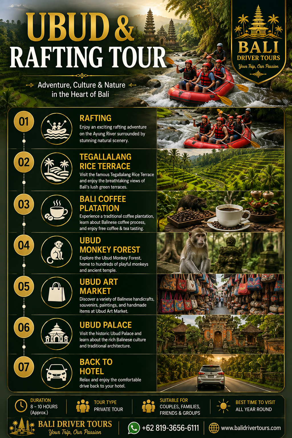 Enjoy an exciting Ubud & Rafting Adventure Tour with Bali white water rafting, Tegallalang Rice Terrace, coffee plantation, Monkey Forest, Art Market and Ubud Palace.